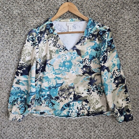 Chicos Weekends Top Womens‎ 1 Medium Blue V Neck Terry Printed Casual Ladies - Picture 1 of 7